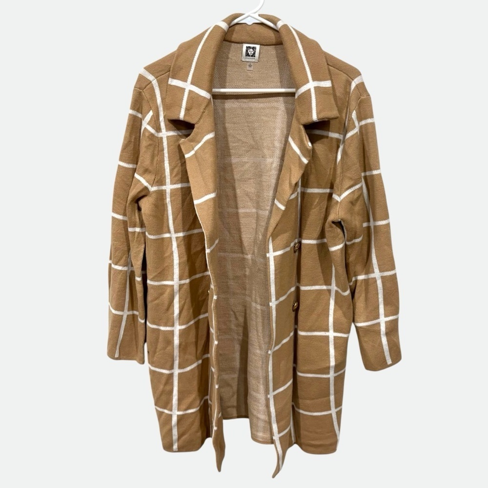 Anne Klein Plaid Cardigan Tan Large HD4829